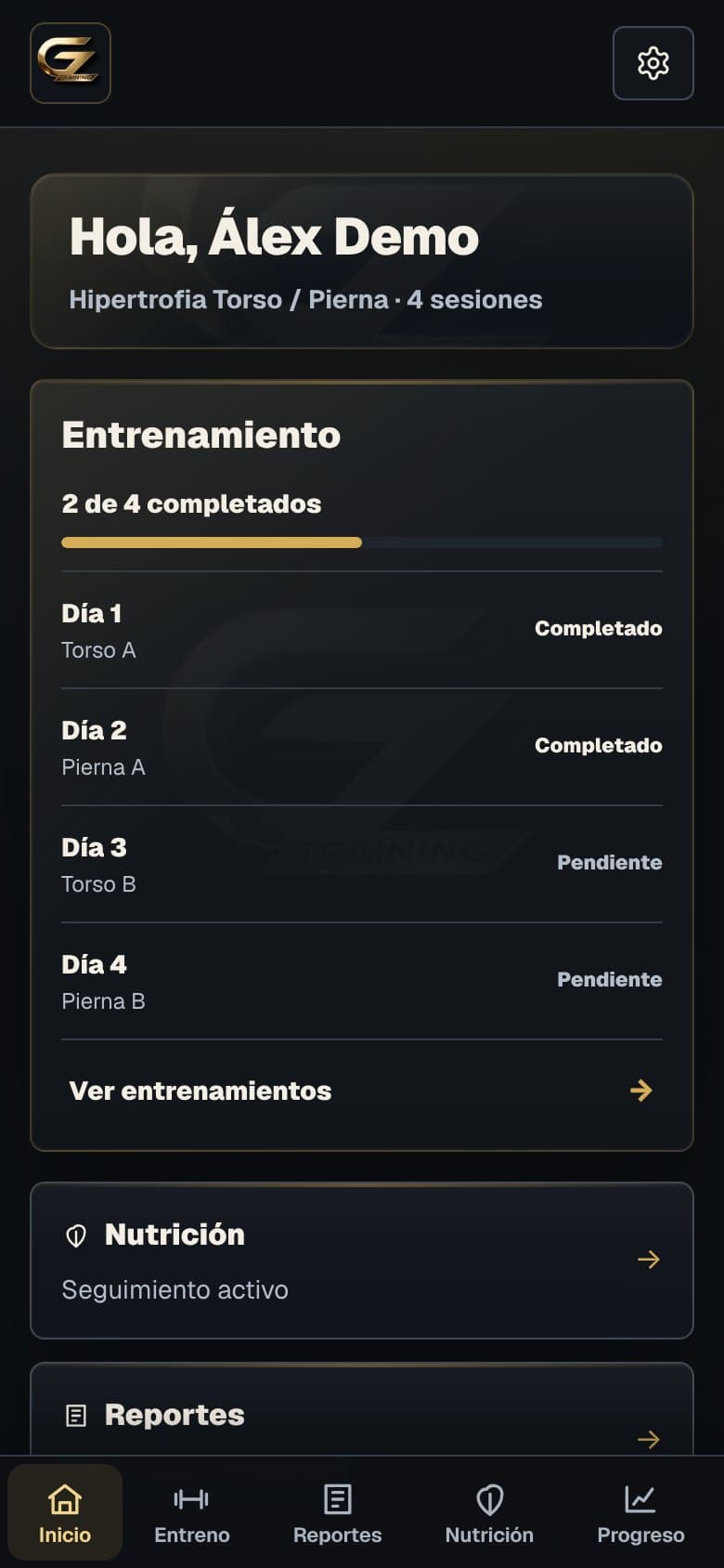 Pantalla de Dashboard de la app GZTraining
