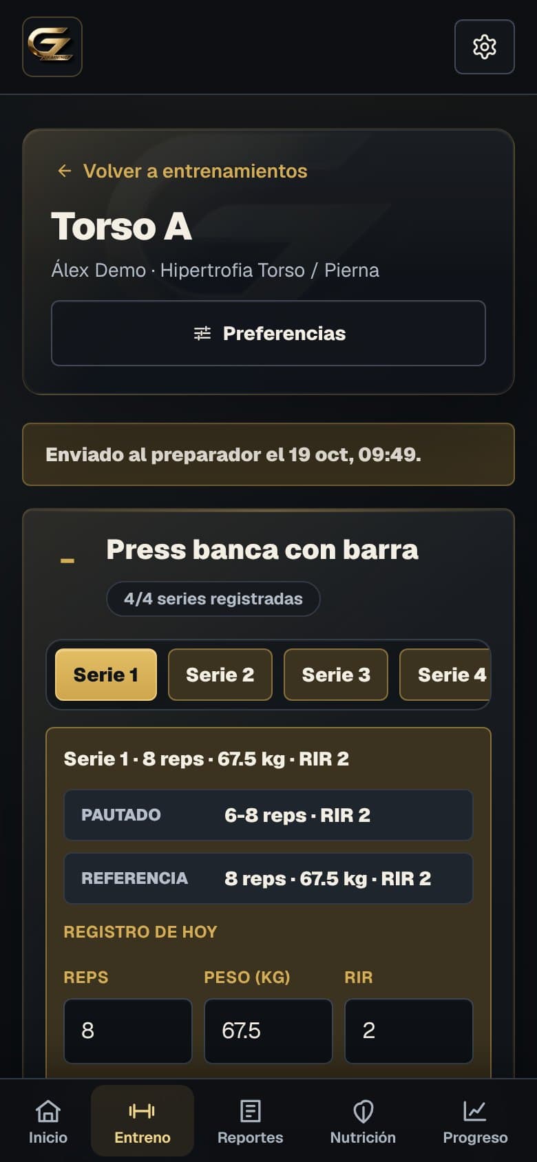 Pantalla de Entrenamiento de la app GZTraining
