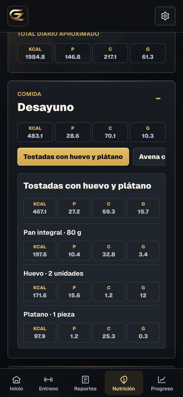Pantalla de Nutrición de la app GZTraining