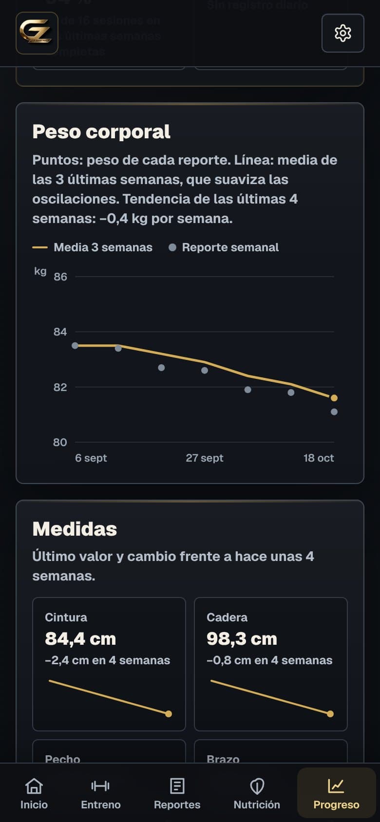 Pantalla de Progreso de la app GZTraining