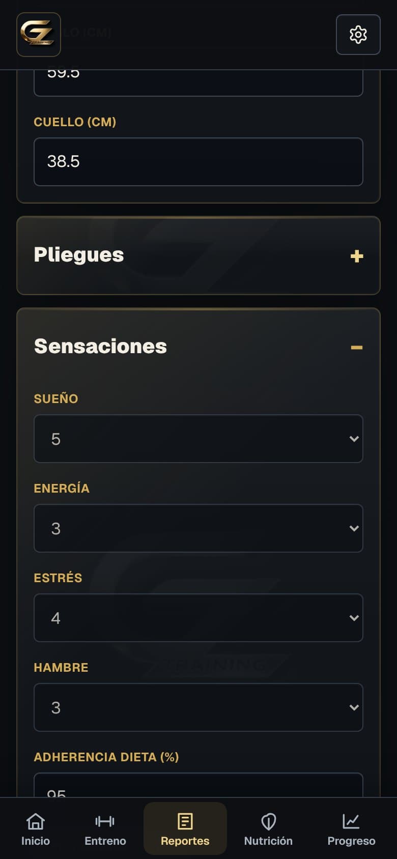 Pantalla de Reporte semanal de la app GZTraining